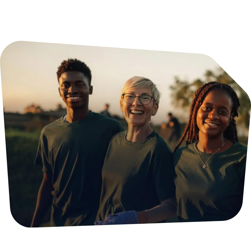 Three people in green shirts smiling in a field during sunset