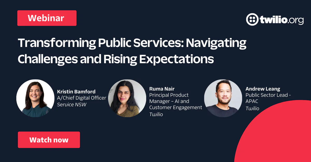 Webinar on public service transformation with Kristin Bamford, Ruma Nair, and Andrew Leang.