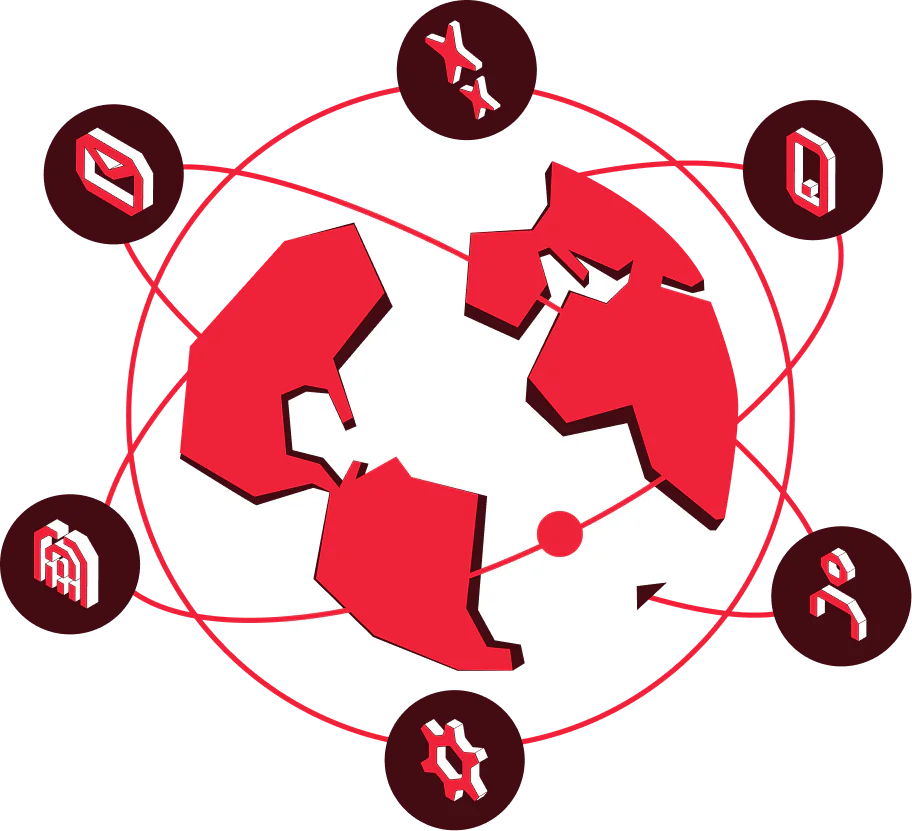 Red and white image of a fragmented globe with icons connected by lines