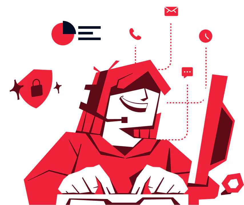 Illustration of a person at a computer providing customer support with icons of phone, chat, and email.