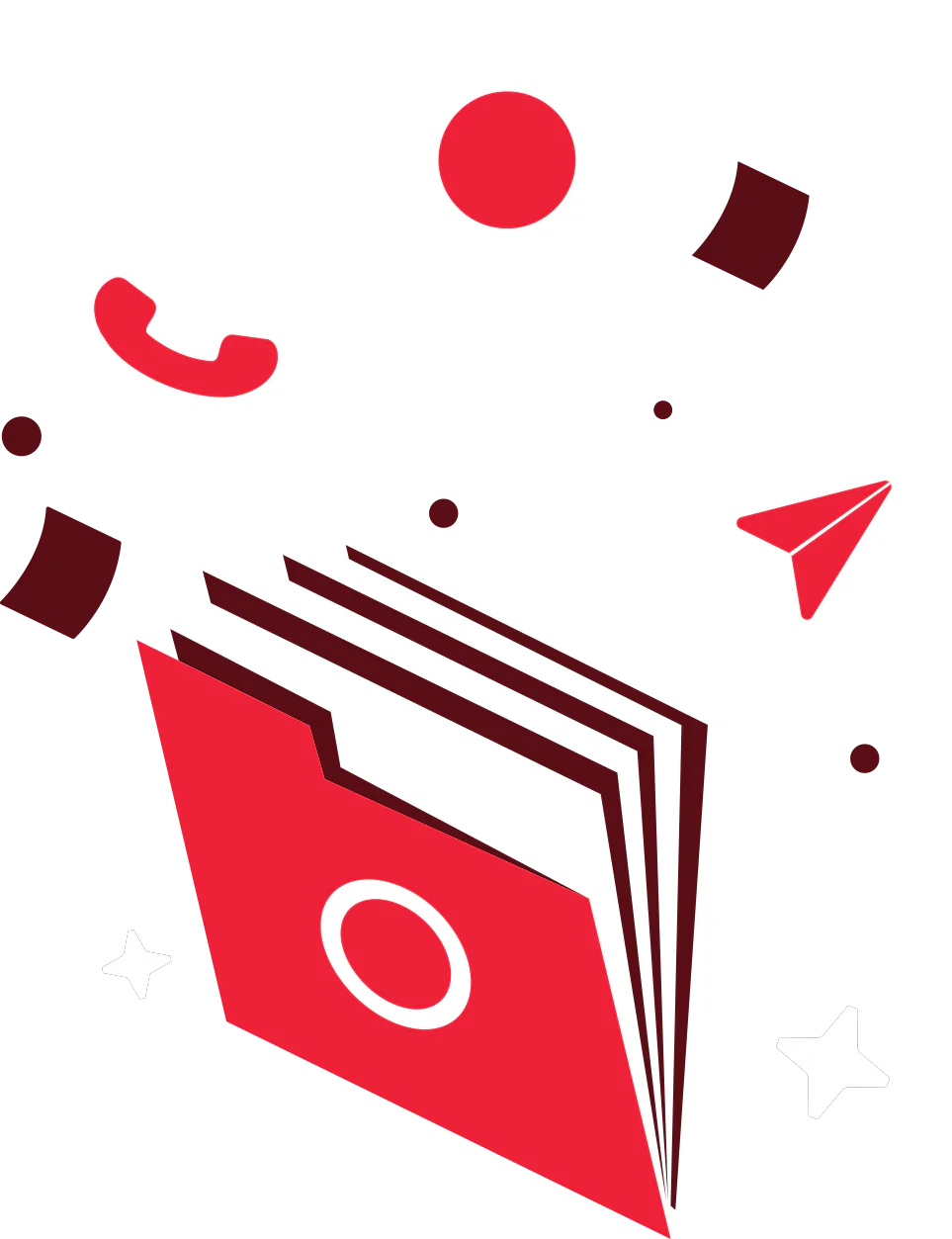 Red folder with phone, video call, and paper plane icons floating around it, surrounded by stars.