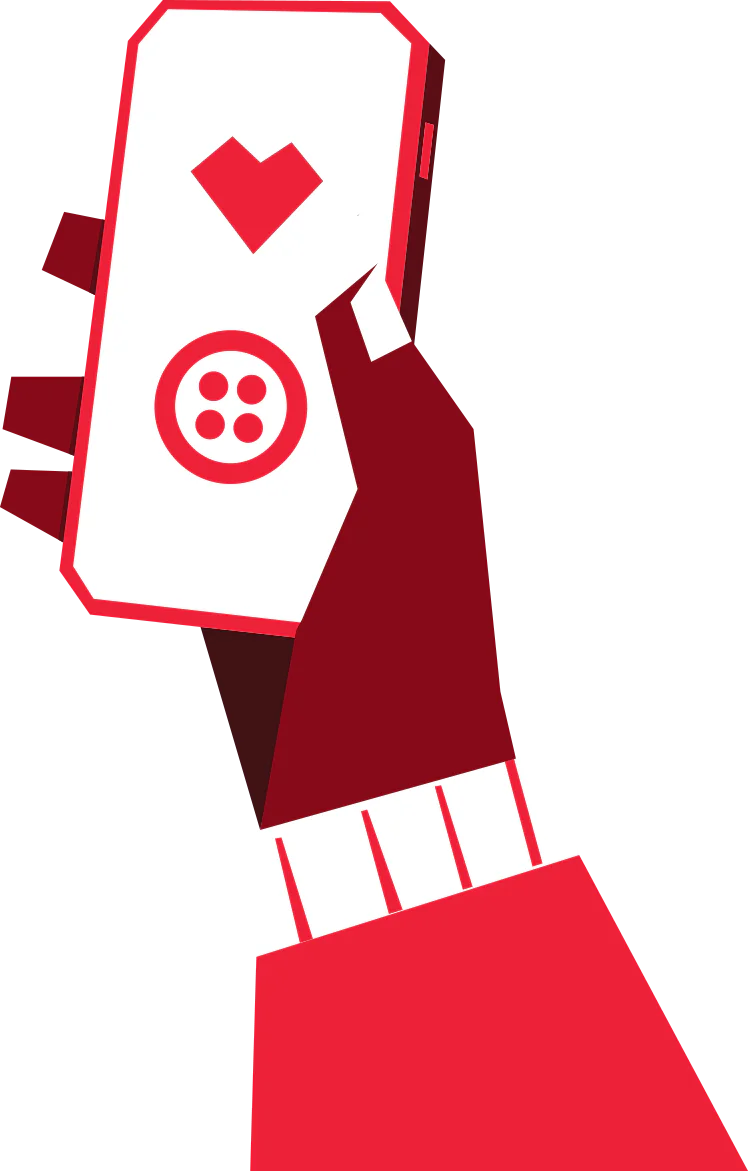 Illustration of a hand holding a smartphone displaying a heart and button icons.