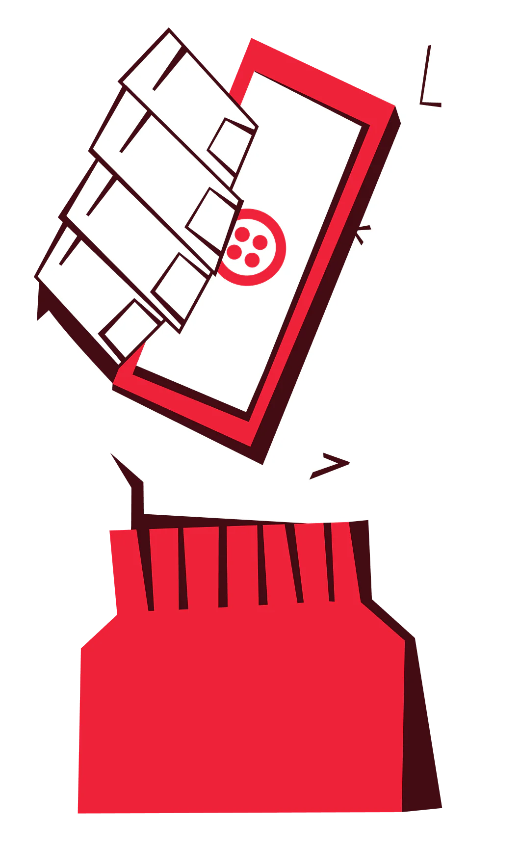 Illustration of a hand holding a red and white smartphone showing a red button symbol on the screen.