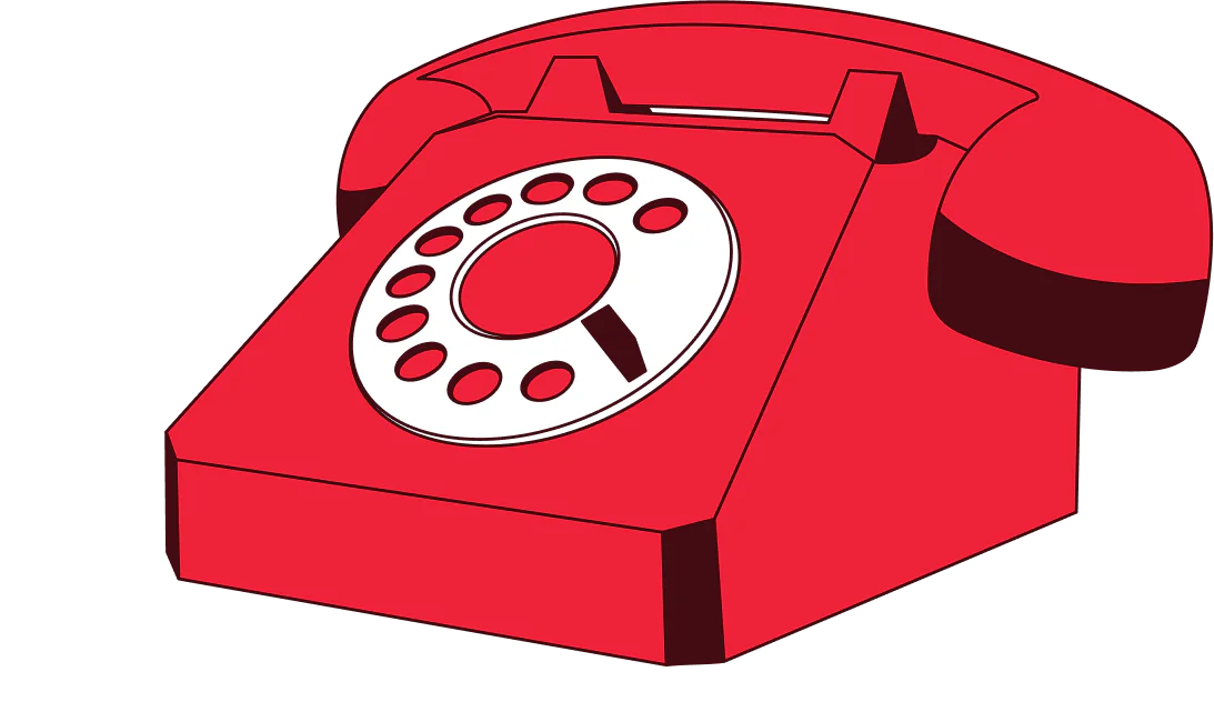 Illustration of a red rotary dial telephone from a side angle.