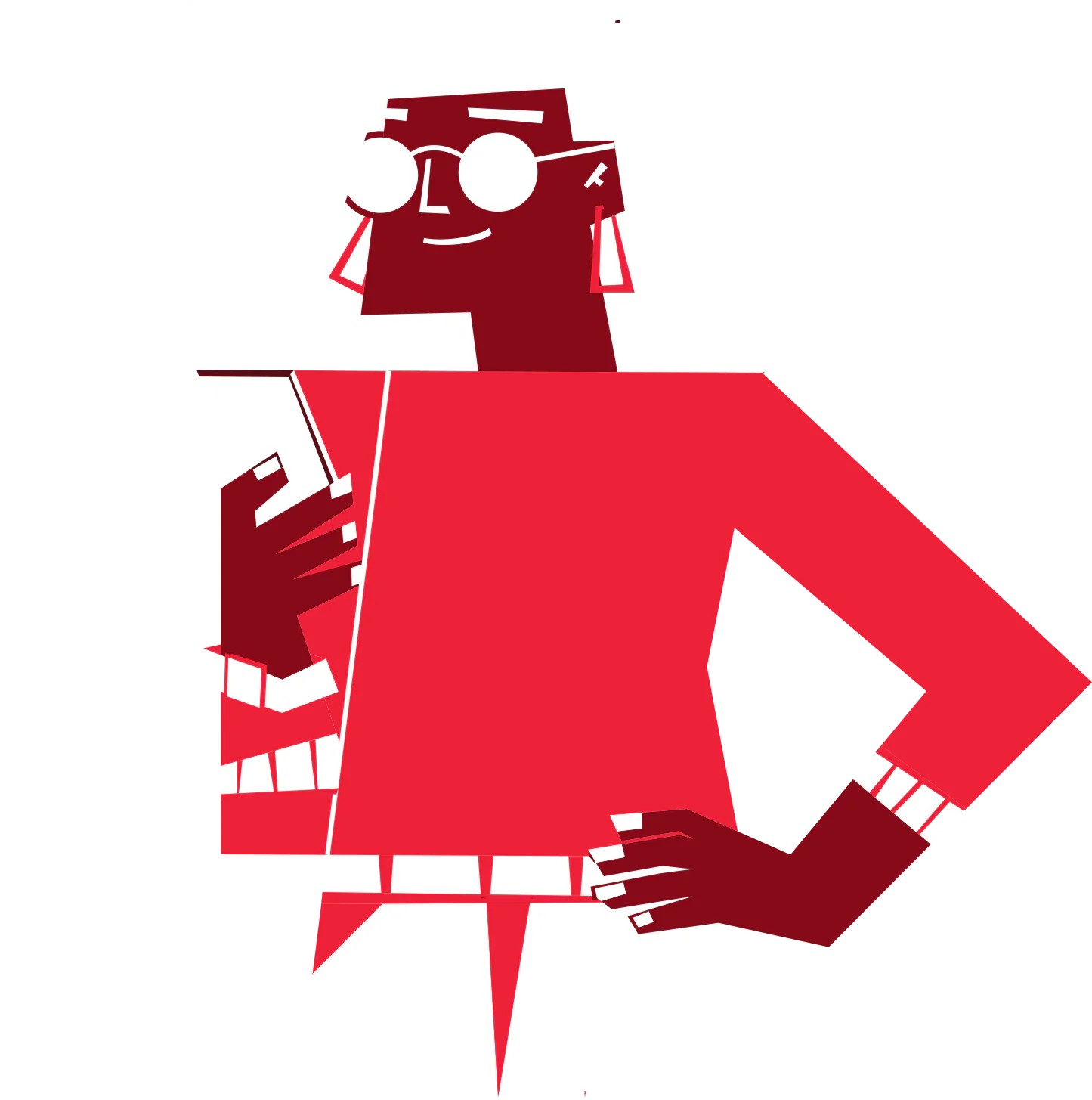 A stylized, geometric figure wearing glasses looking at a smartphone with stars in the background.