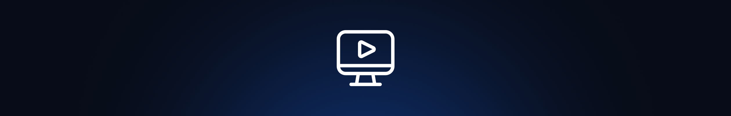 A white computer monitor icon with a play button on a dark blue gradient background.
