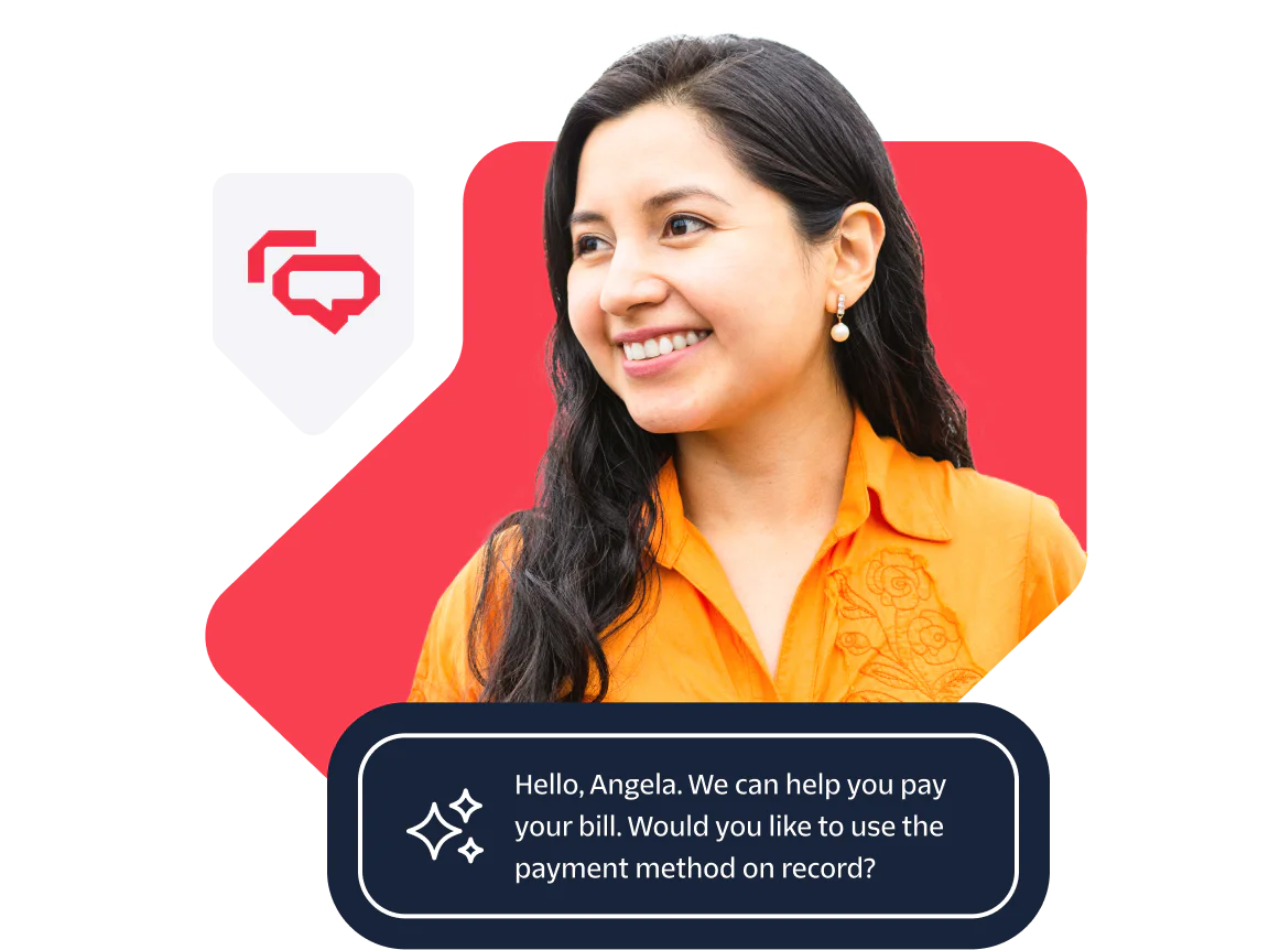 A smiling woman in an orange shirt is featured next to a chatbot message that reads, "Hello, Angela. We can help you pay your bill. Would you like to use the payment method on record?".