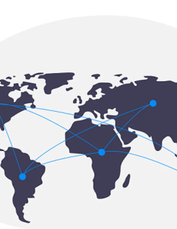 Illustration of a world map with blue lines and dots indicating global network connections.