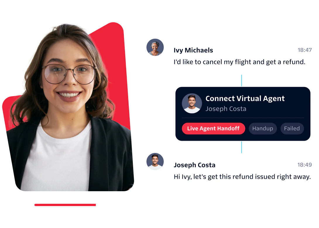 Customer Service Chat Interaction with Virtual Agent Support Woman with glasses and a virtual chat showing a support interaction about canceling a flight and getting a refund.