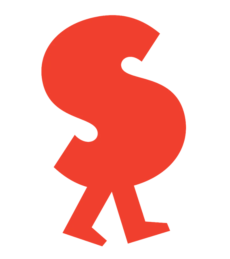 A red dollar sign with legs resembling a walking person