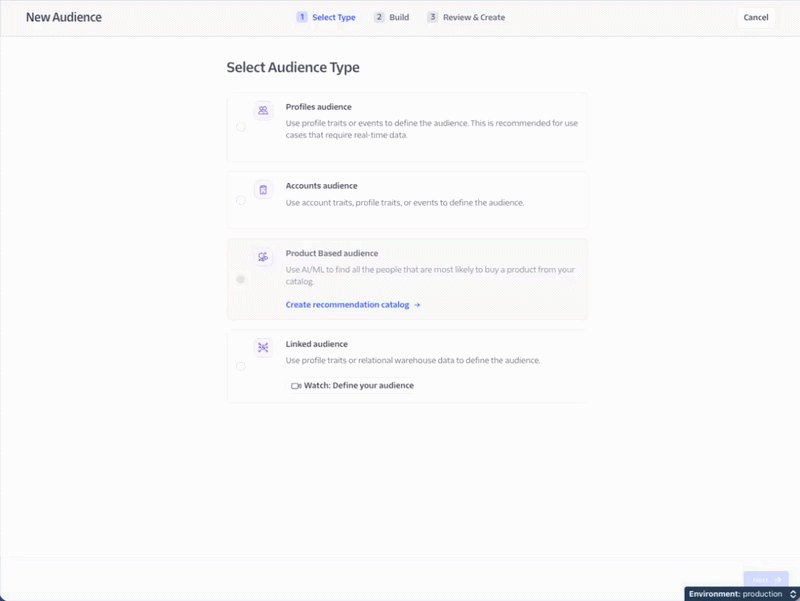 Screen showing options to select audience type