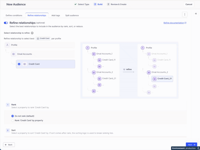Screen showing options for refining audience relationships, including email and credit card selections.