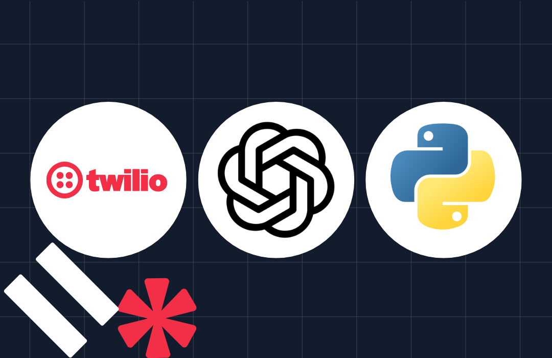 Logos of Twilio, ChatGPT, and Python programming language on a dark grid background.