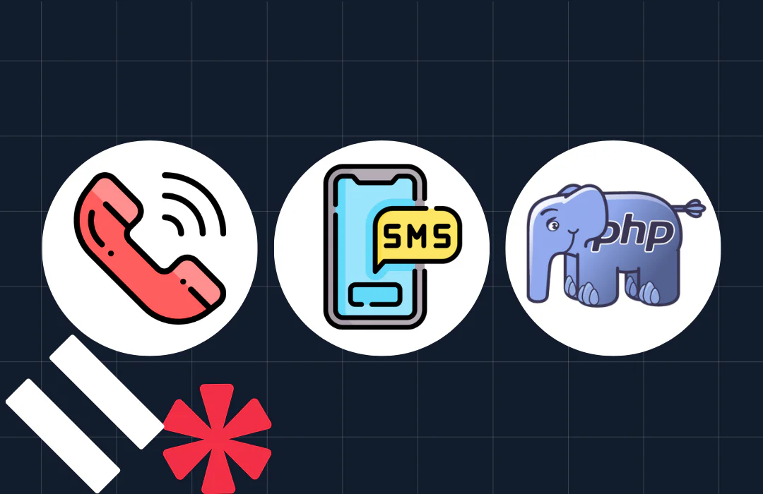 Icons of a phone, SMS on a smartphone, and PHP elephant on a grid with white and red abstract shapes.