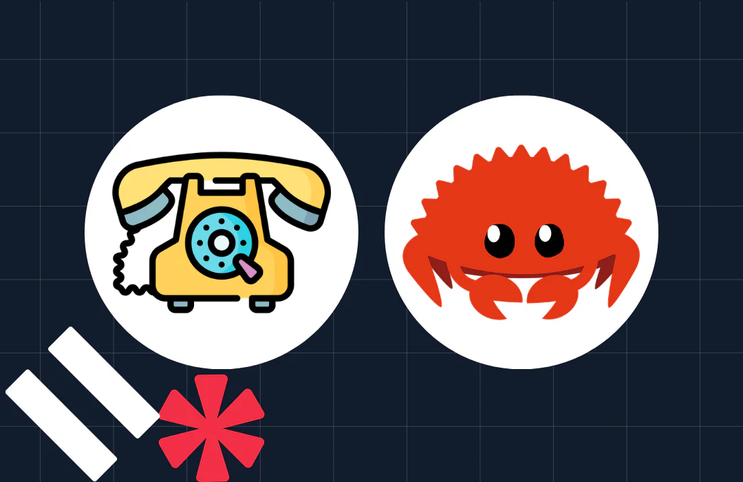 Illustration of a retro telephone and a cartoon crab on a grid background.