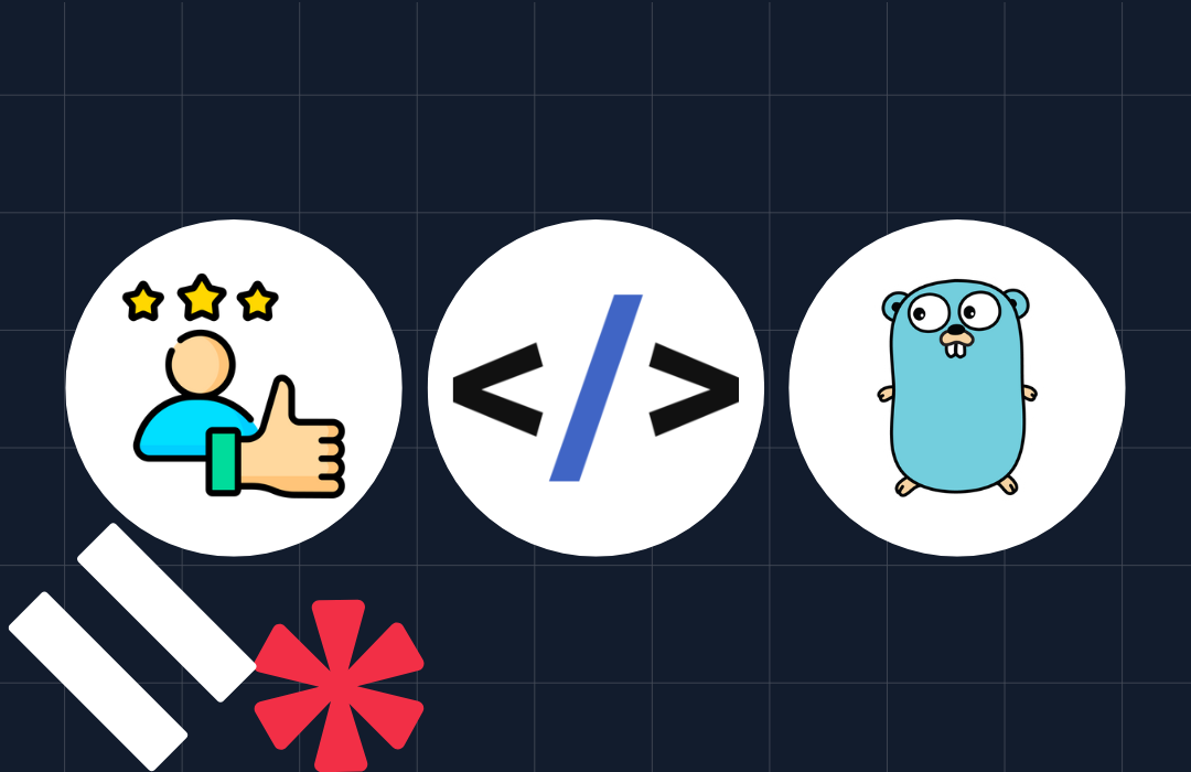 Icons of a thumbs-up with stars, a HTML code symbol, and the Go programming language mascot.