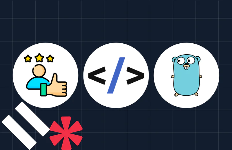 Icons of a thumbs-up with stars, a HTML code symbol, and the Go programming language mascot.
