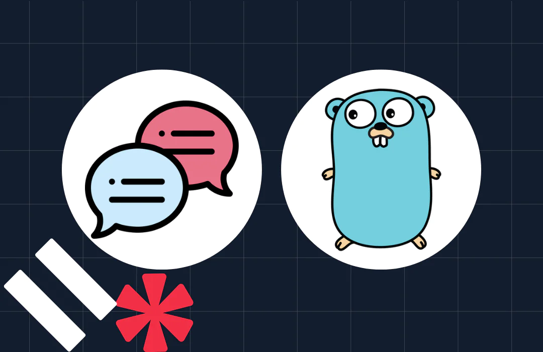 Icons of speech bubbles and a blue gopher character on a dark grid background.