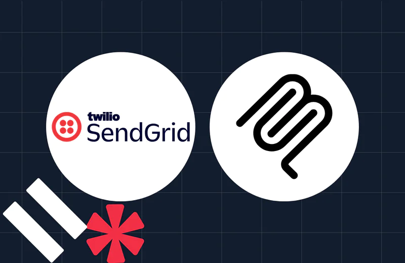 Twilio SendGrid and email logo on a dark grid background with red asterisk and white shapes.