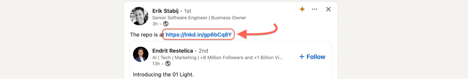 A screenshot of a LinkedIn post showing a shortened URL using LinkedIn's URL shortening service.