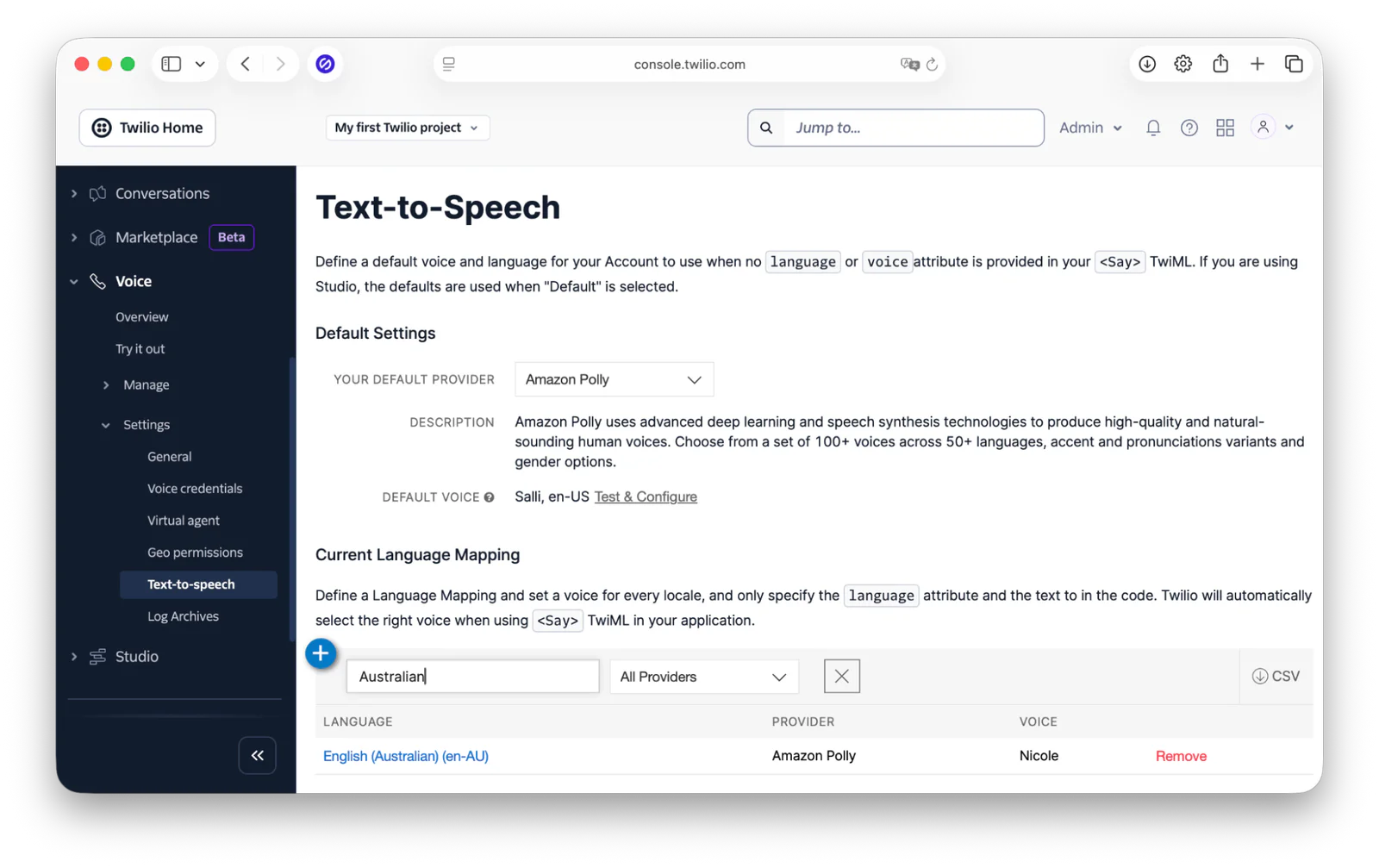 Screenshot of Twilio's Text-to-Speech settings page showing options for default voice and language mappings.