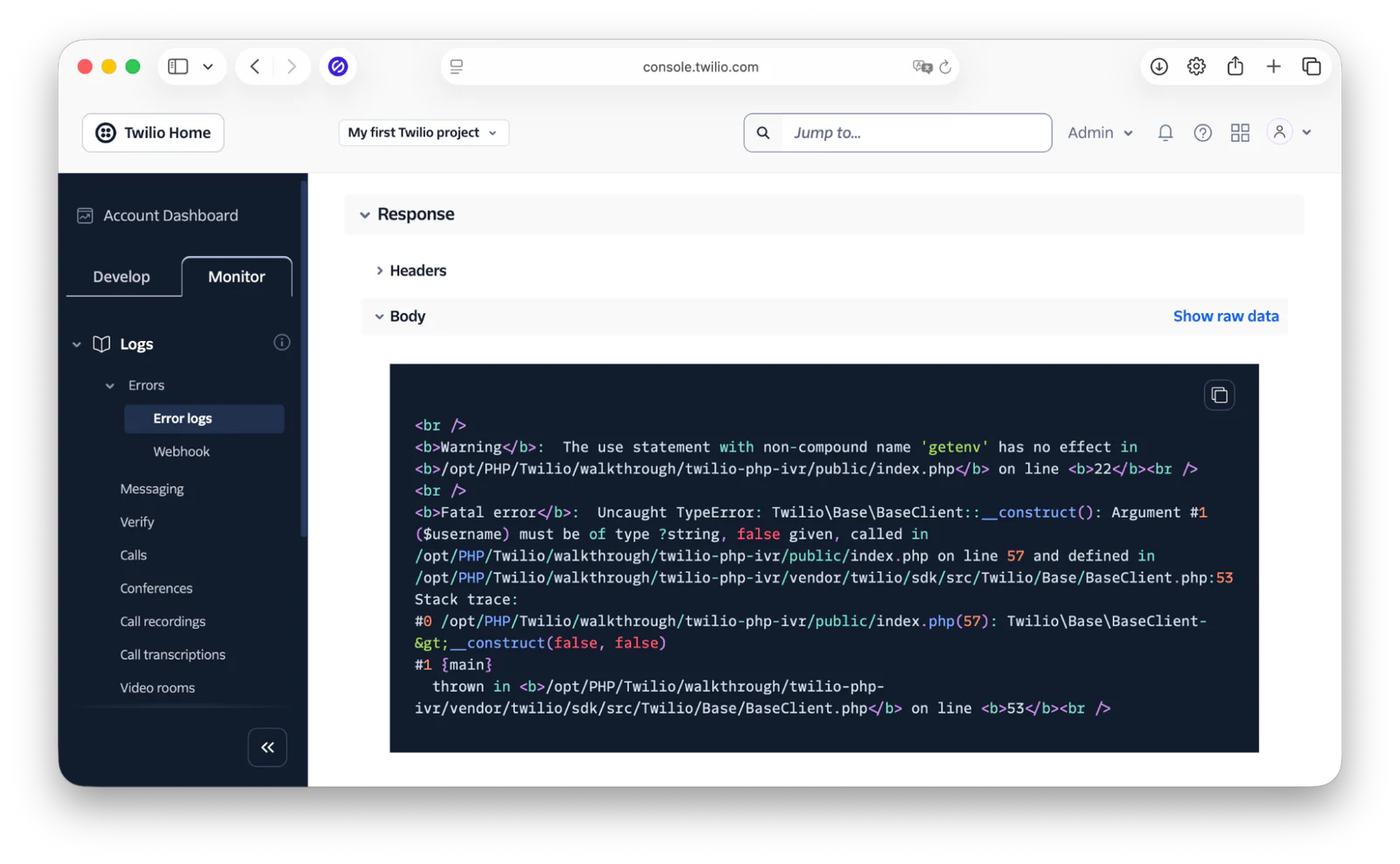 Twilio console showing an error log with a code snippet and error message details.