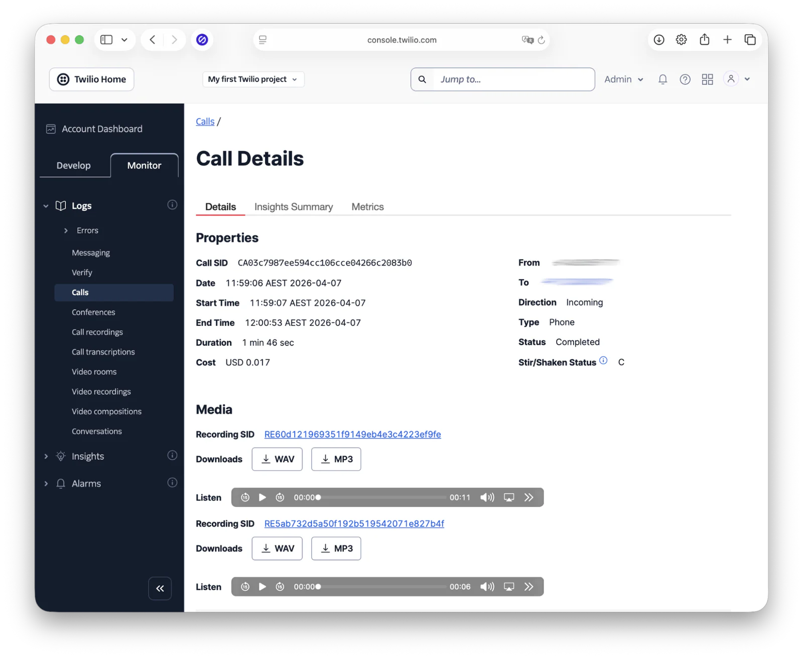 Twilio console showing call details, including call SID, date, duration, type, and media recordings.