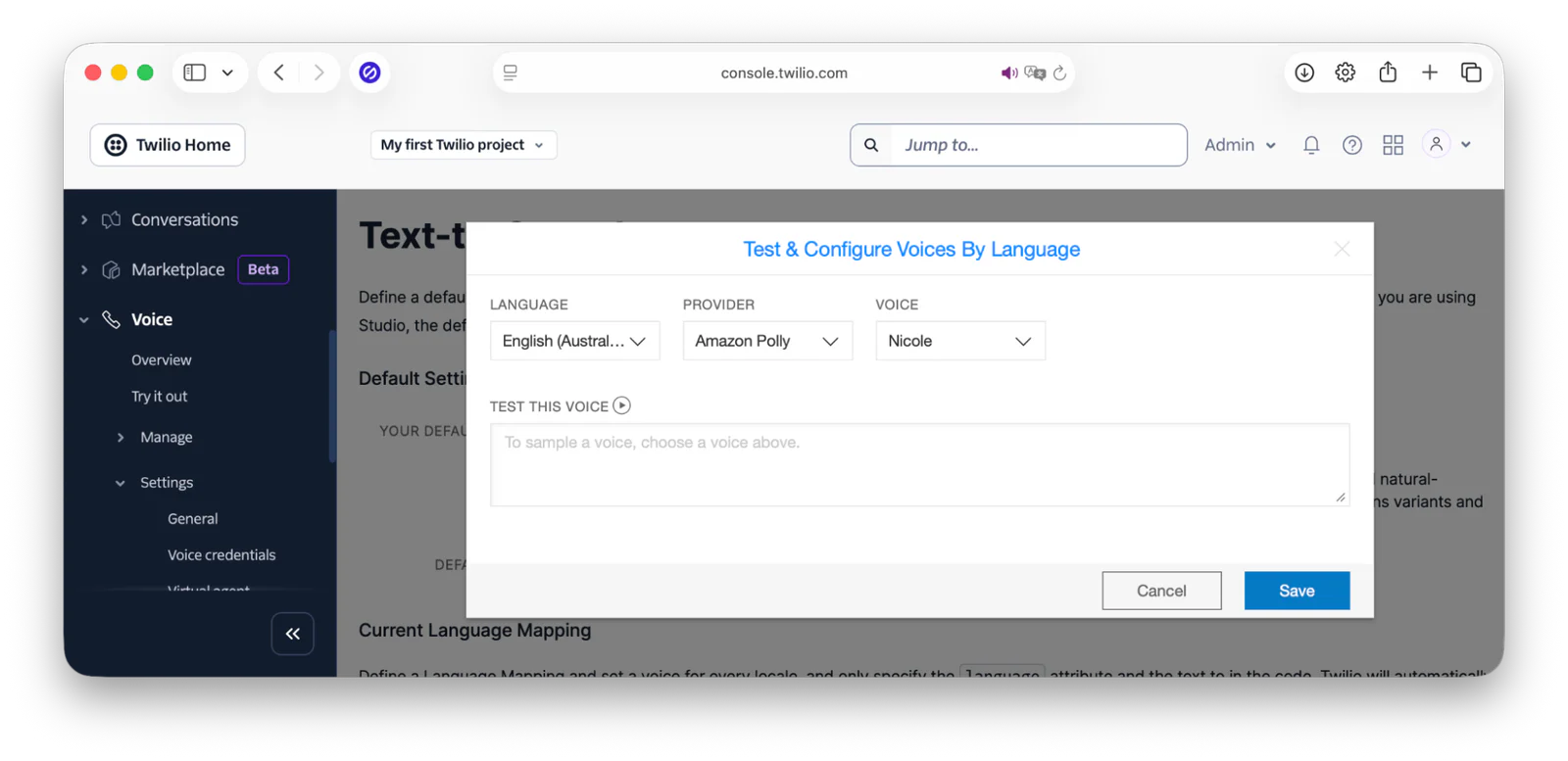Twilio console interface showing text-to-speech voice configuration options.