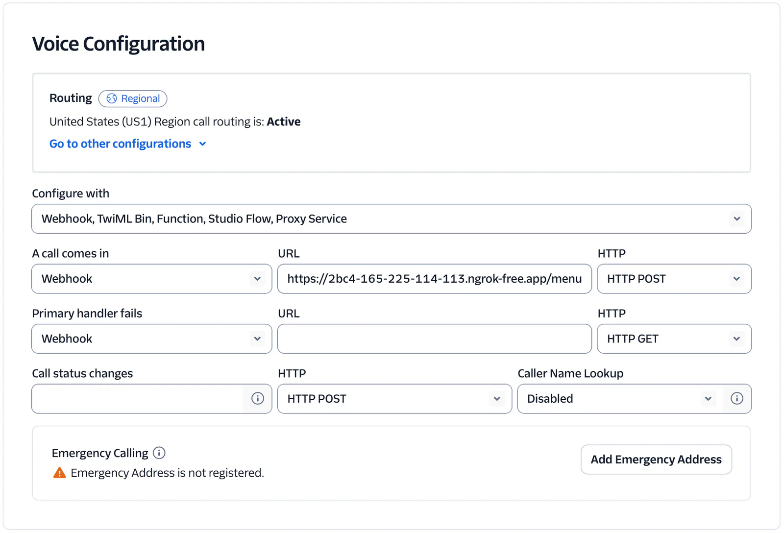 Screenshot of Twilio Voice Configuration settings showing webhook URLs and HTTP methods.
