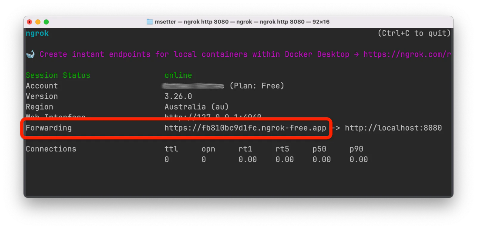 Terminal with Ngrok online session displaying forwarding URL and connection statistics.