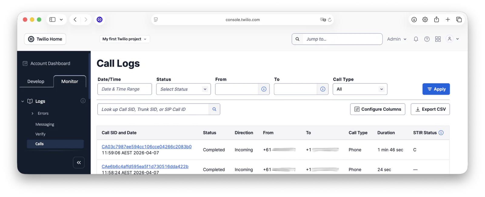 Twilio dashboard displaying call logs with filtering options for date, status, and call type.