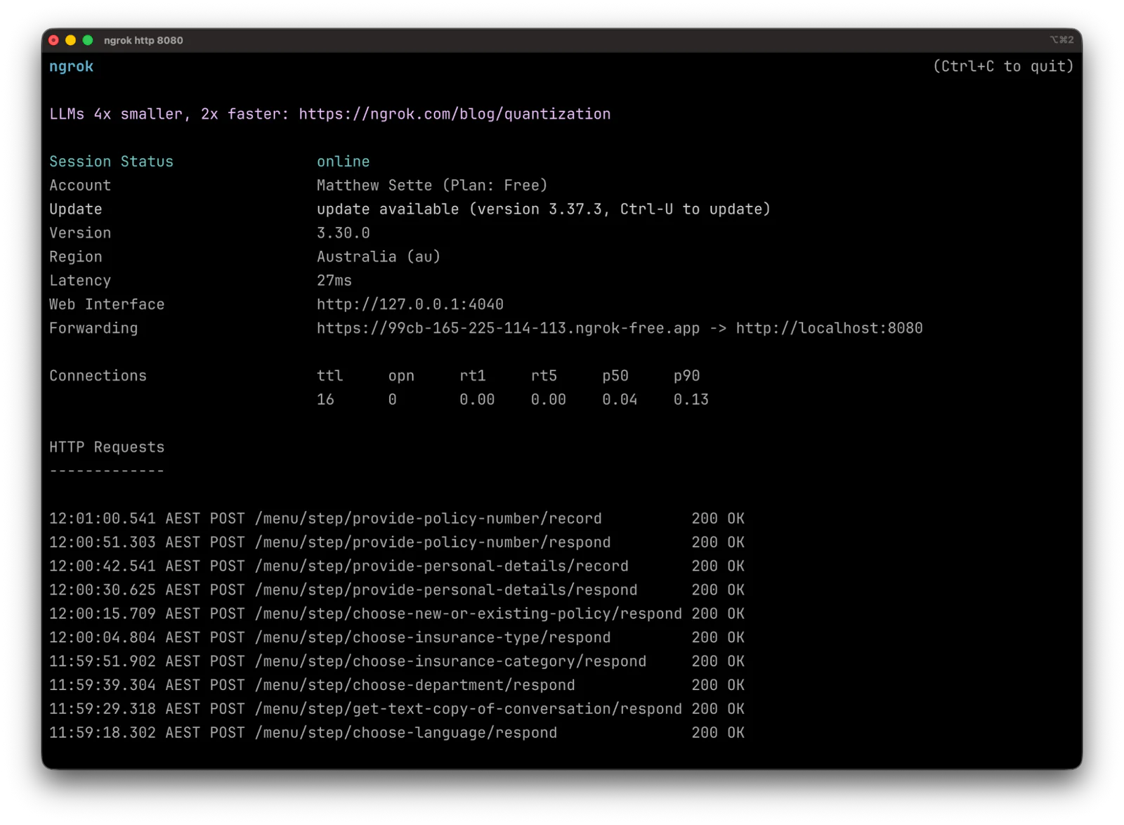 Screenshot of terminal showing ngrok server info and a list of HTTP POST requests with their statuses.