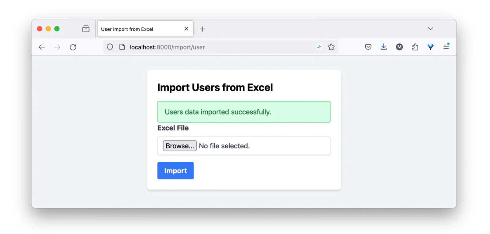 Screenshot of a web page showing a successful import notification and file upload option for importing users from Excel.