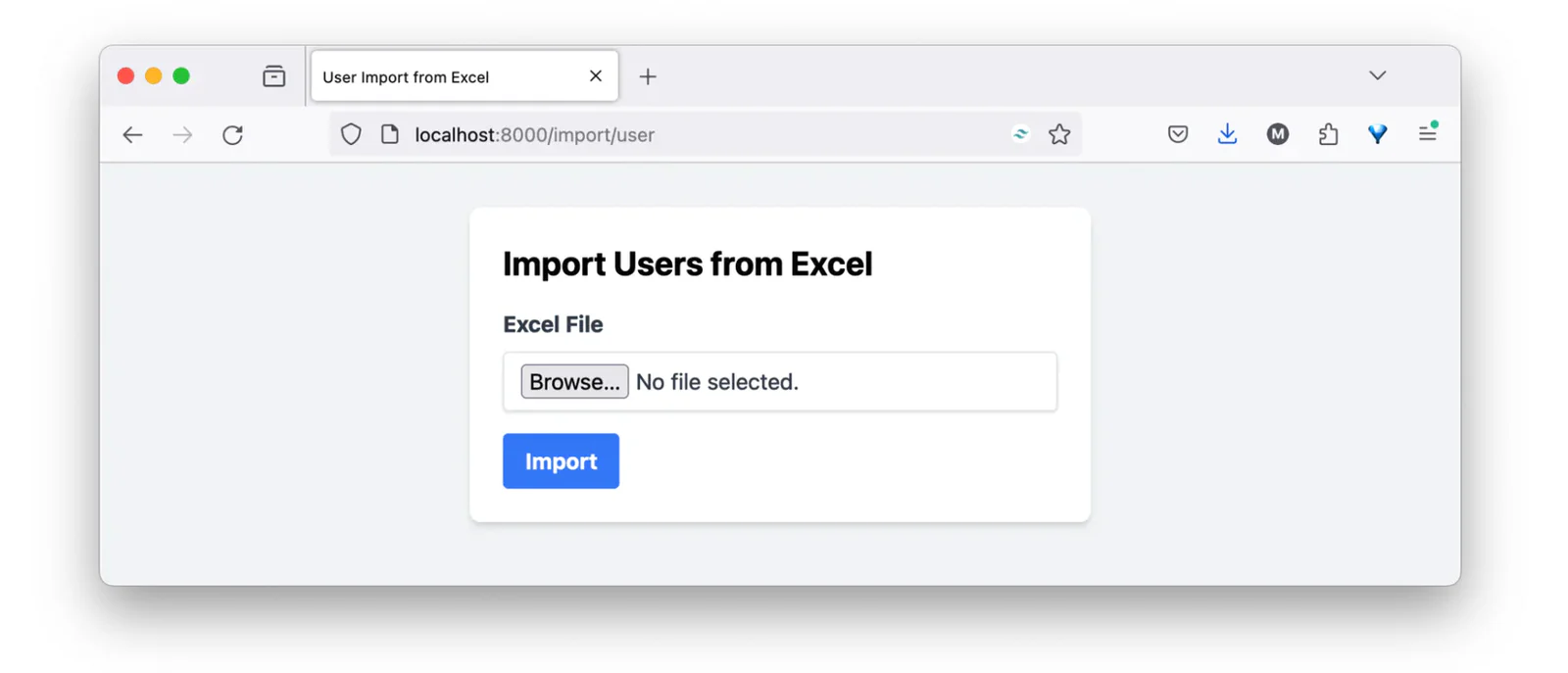 Screenshot of a web page with an option to import users from an Excel file.