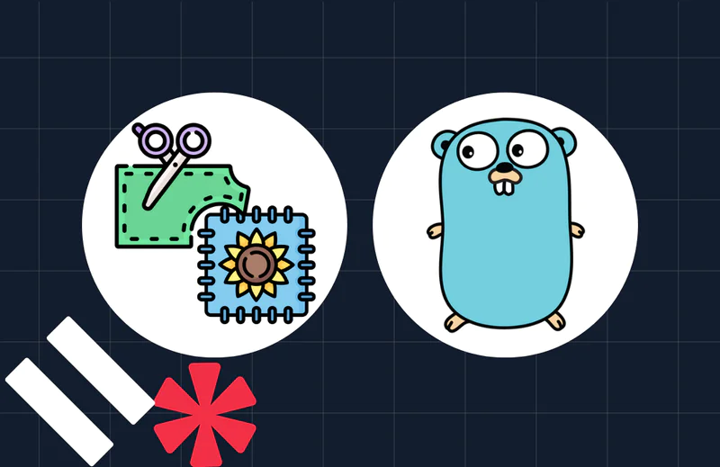 Illustration featuring a sewing icon and Go programming language mascot on a dark grid background.
