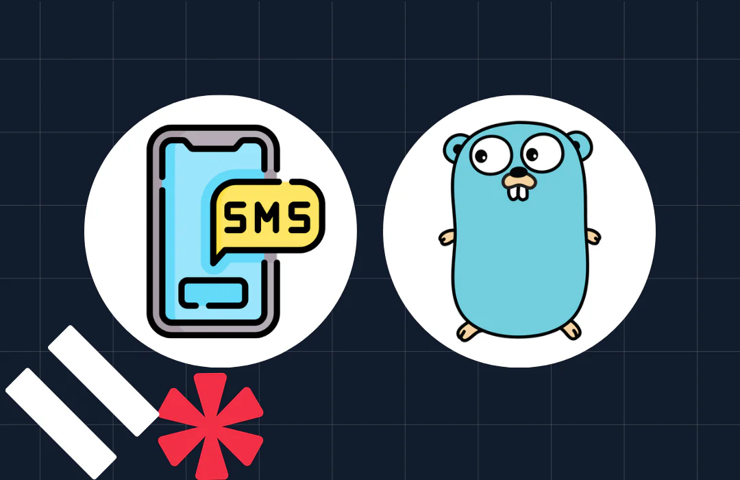 Icon of a smartphone with an SMS bubble and a character representing the Go programming language, on a grid background.
