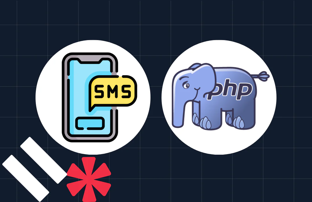 Illustrations of a smartphone with SMS and an elephant with PHP on a grid background with symbols
