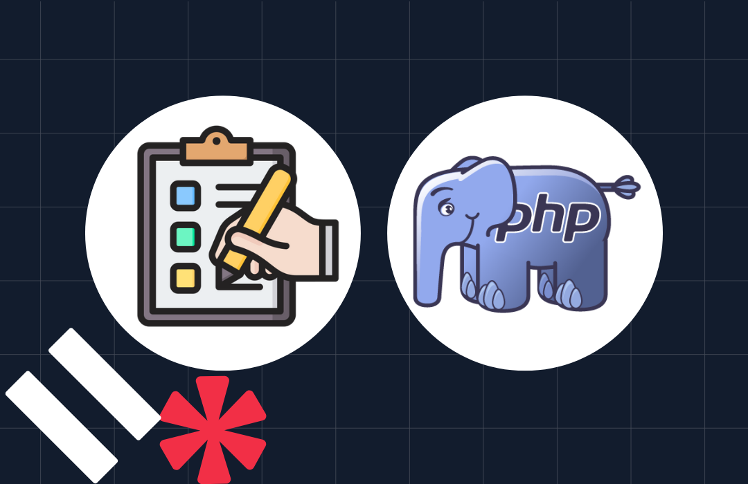 Hand writing on a checklist clipboard and a blue elephant with 'PHP' text on a dark grid pattern