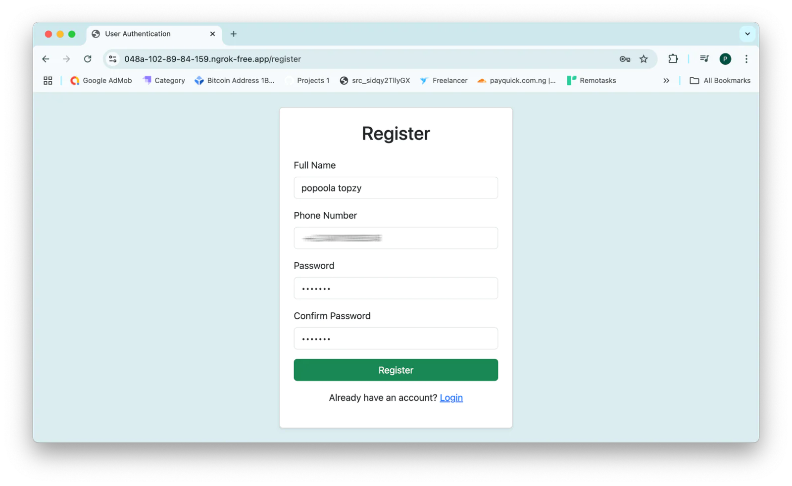Registration form page with fields for full name, phone number, password, and confirm password, on a light blue background.