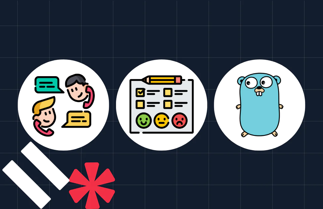 Icons showing communication, project evaluation checklist, and the Go programming language mascot on a dark grid background.