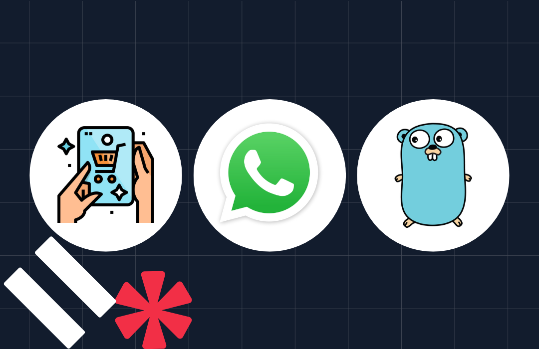 Icons for e-commerce, WhatsApp logo, and Go programming language's gopher on a dark grid background.