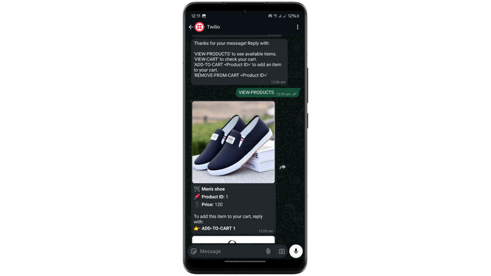 Smartphone displaying a chat interface with a shoe product listing and options to view or add to cart. Smartphone displaying a chat interface with a shoe product listing and options to view or add to cart.