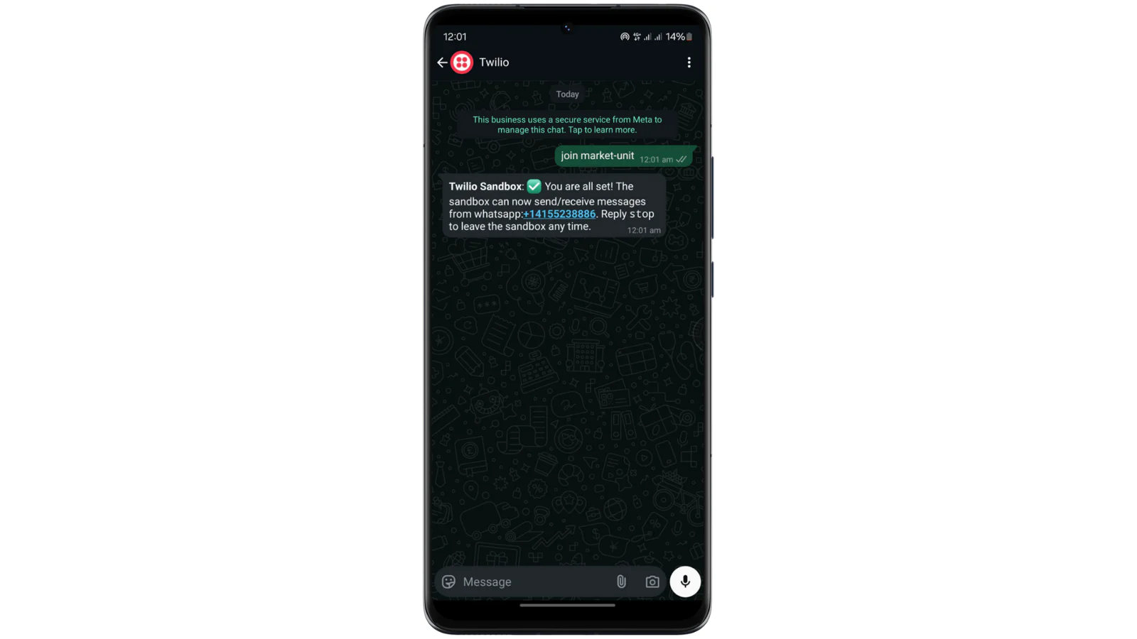 Smartphone screen displaying a WhatsApp chat with Twilio Sandbox on a dark theme interface. Smartphone screen displaying a WhatsApp chat with Twilio Sandbox on a dark theme interface.