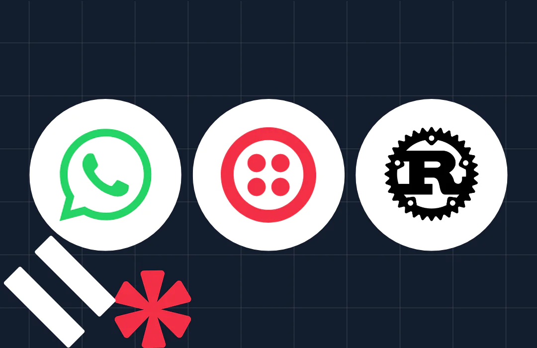 Icons of WhatsApp, Twilio, and Rust on a dark grid background.