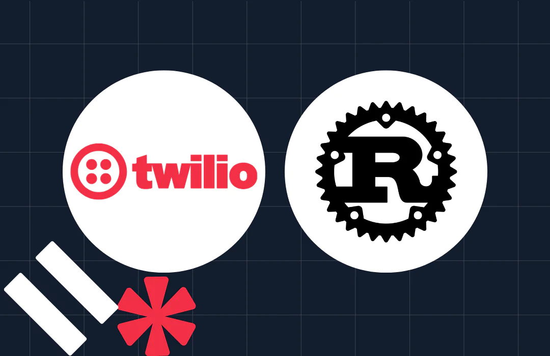 Twilio and Rust logos on a dark grid background with additional decorative red and white shapes.
