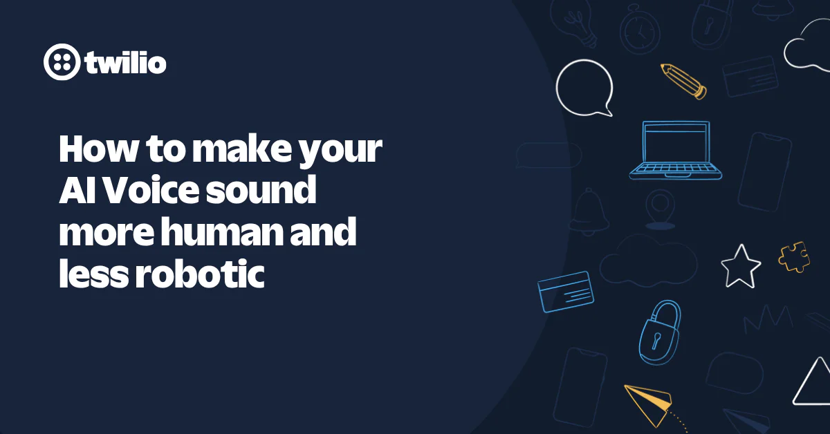 Guide on making an AI voice sound more human and less robotic with illustrated tech icons.