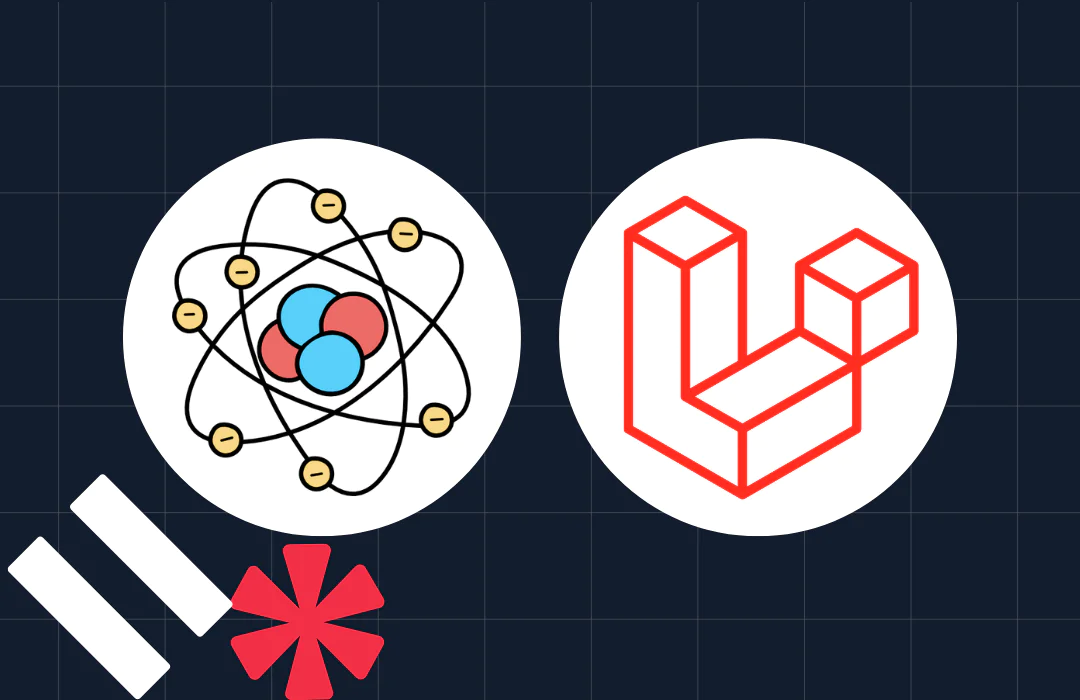 An atomic model and a geometric 3D shape in separate circles with two white bars and a red asterisk on a grid background.