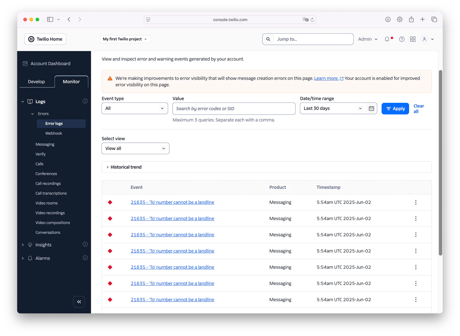 Twilio console showing log monitoring with filters and log entries listed by date and time. Twilio console showing log monitoring with filters and log entries listed by date and time.