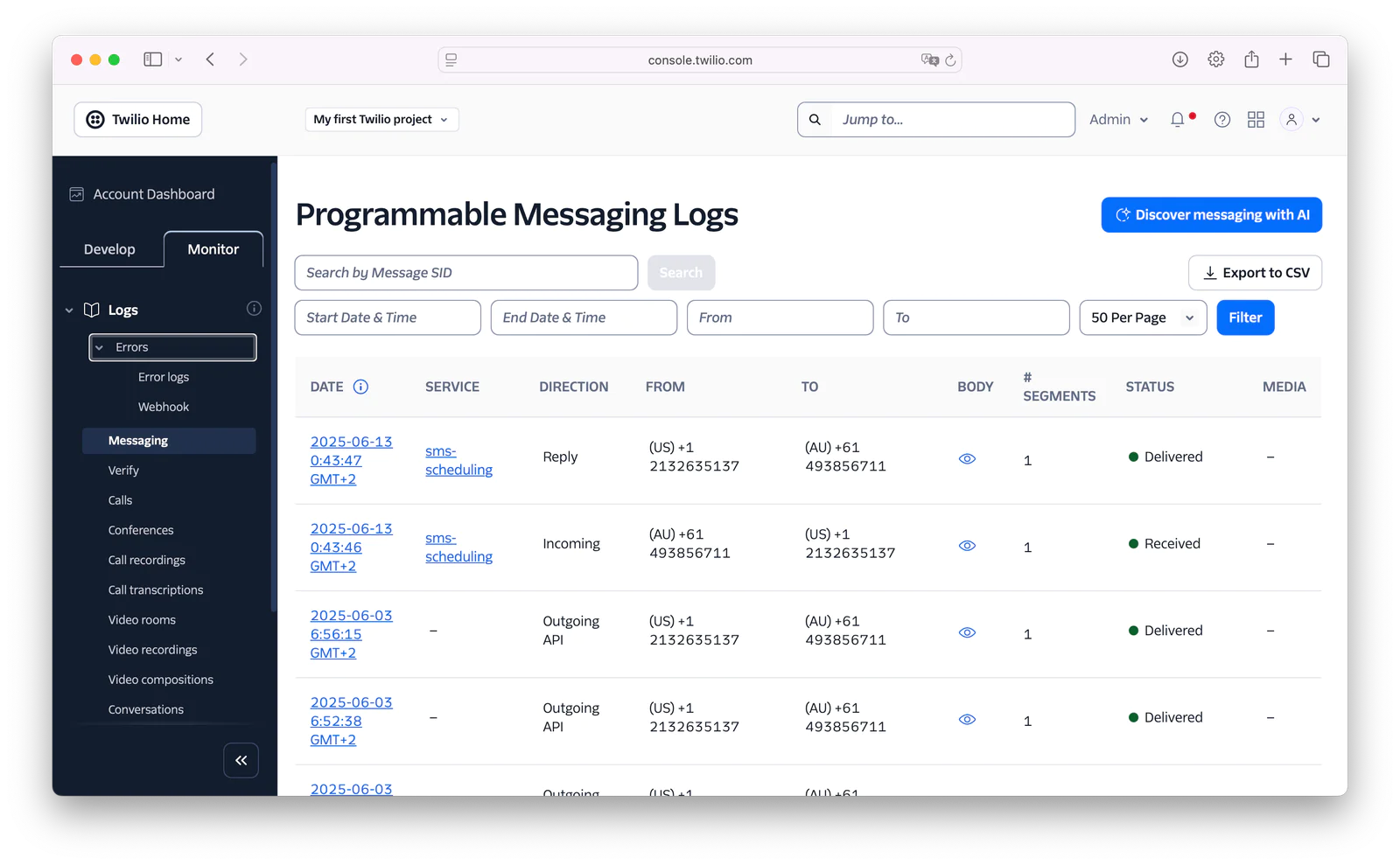 Twilio console showing programmable messaging logs with multiple message entries and their statuses. The Programmable Messaging Logs section of the Twilio Console showing four previously received SMS and the details for each one.