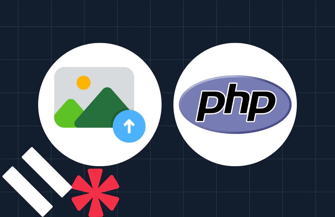 PHP and image upload icons on dark grid background with geometric shapes